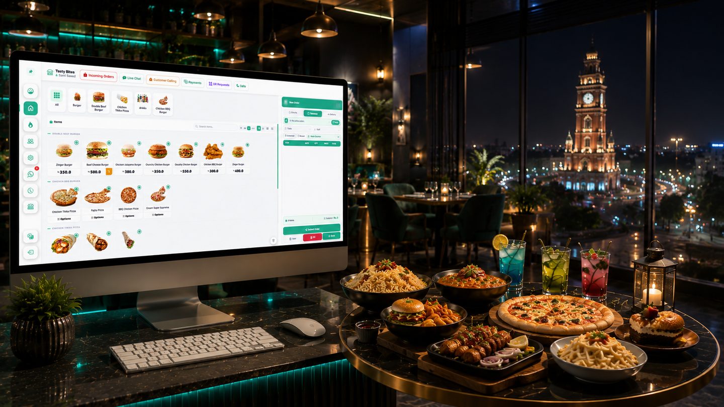 Restozay restaurant POS system running on a counter screen in a Faisalabad restaurant, with the Faisalabad skyline behind it