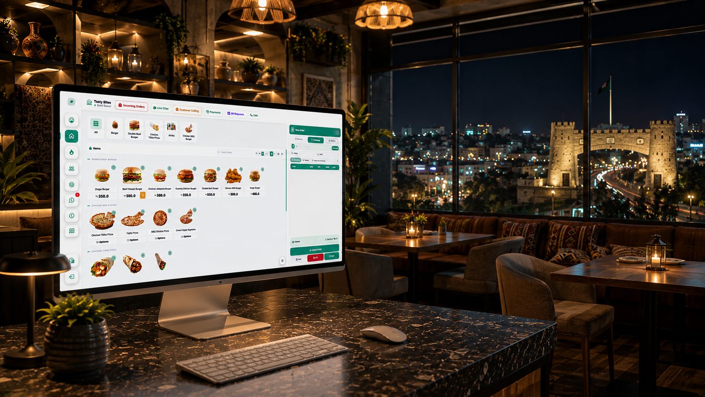 Restozay restaurant POS system running on a counter screen in a Peshawar restaurant, with the Peshawar skyline behind it