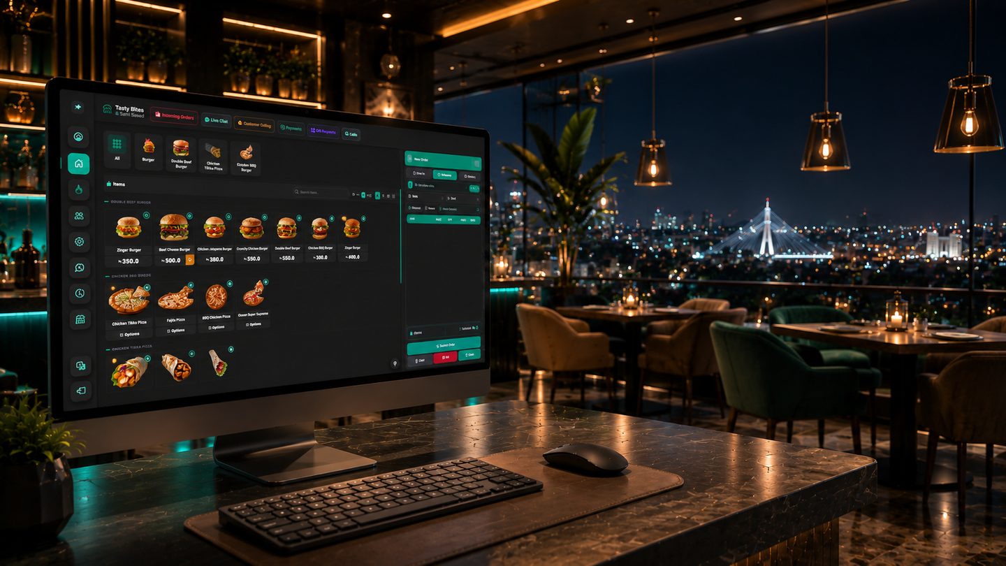 Restozay restaurant POS system running on a counter screen in a Rawalpindi restaurant, with the Rawalpindi skyline behind it